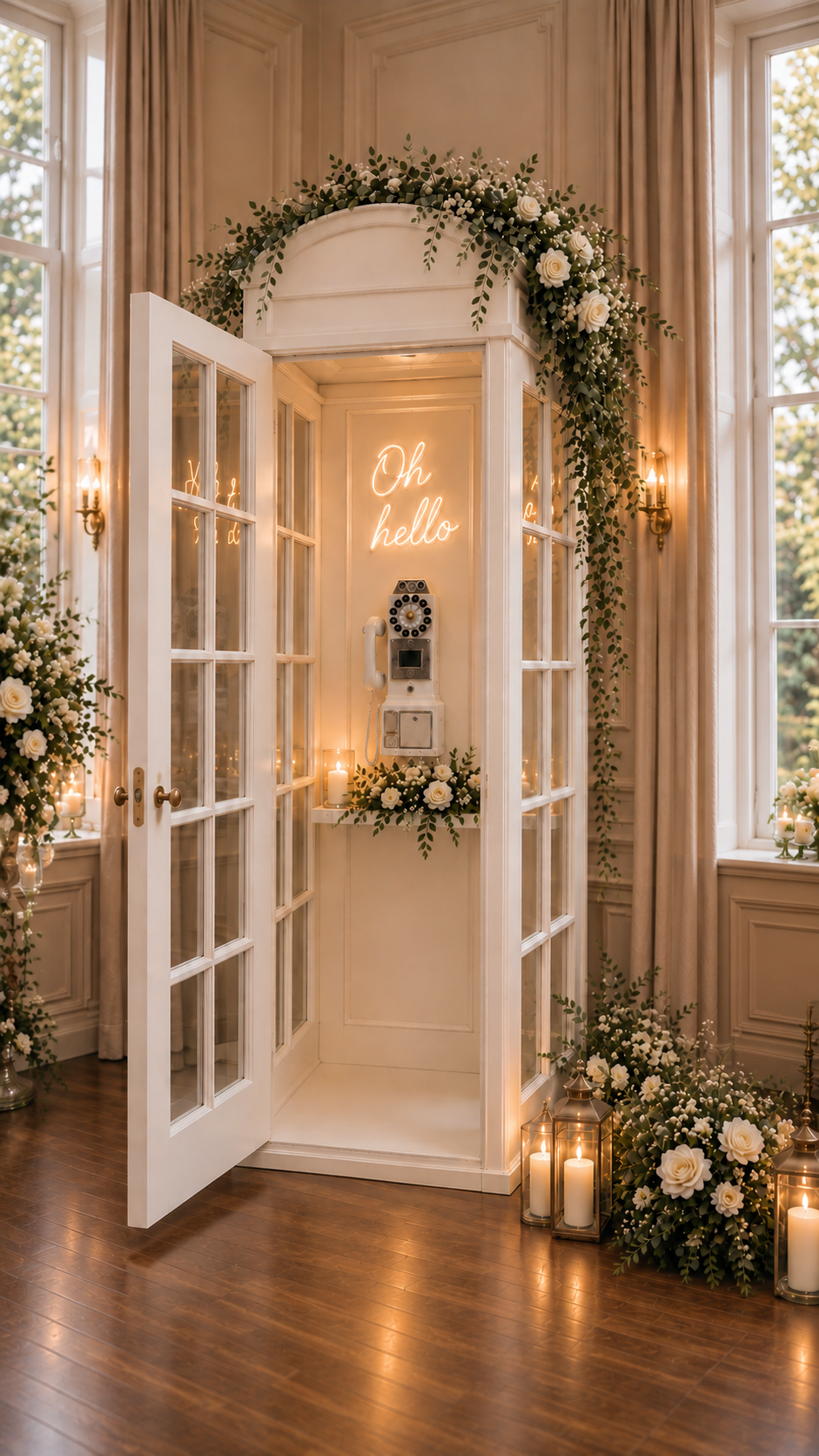 Enclosed vintage video message booth styled for a wedding